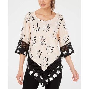 Alfani Blouse Size XL Petite Floral Crochet Trim V Hem Top Pink Black Bohemian